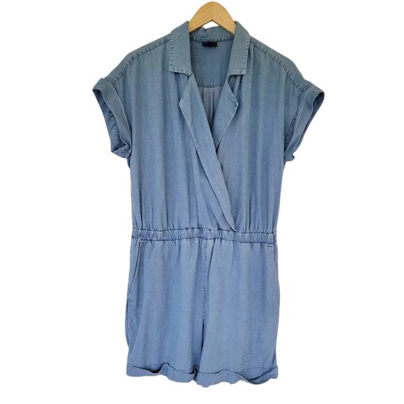 J Jill Chambray Romper Blue Tencel Denim Short Sleeve Women Size M Button Front - Picture 1 of 10